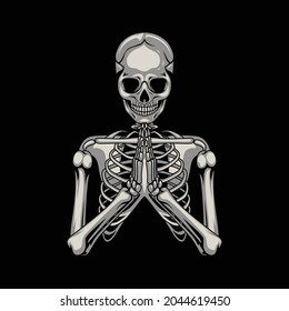 Vector illustration of praying pose skeleton. front view of praying skeleton