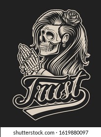 Vector illustration of a praying skeleton in chicano tattoo style. Perfect for shirt prints and many more.