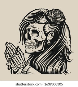 Vector illustration of a praying skeleton in tattoo style on a white background