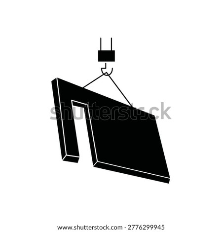 Vector illustration of a precast concrete wall being lifted by a crane hook. Represents modern modular construction, heavy machinery at work, and industrial engineering efficiency on site.