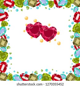 Vector illustration with precious gemstones, colored, frame. Different shapes, heart, pear, octagon, antique. Pearls are yellow. For magazines, covers, packaging, gift boxes. For jewelry companies.