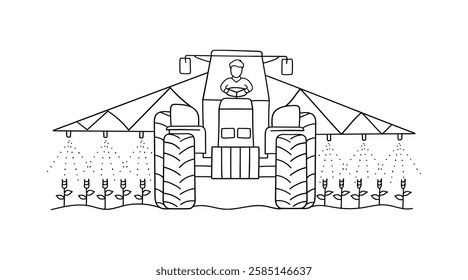Vector illustration for precision farming and crop spraying. A large agricultural machine distributing water or pesticides over a growing crop field.