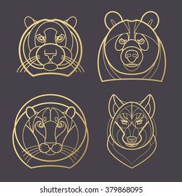 Vector illustration predatory animals. Designed create logo, icon in modern style mono line. Tiger, lion, bear, wolf isolated on black background. Print gold foil. Symbol strength.