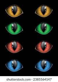 Vector illustration of predatory cat eyes of various colors on a black background.