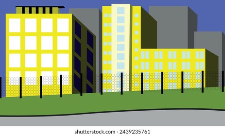 Vector illustration. Prefab houses in the background. In front of them is a grassy area and a fence. Houses irradiated by the sun's rays. 3D effect, shading. City, grass, windows, fence.

