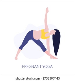 Vector illustration of pregmant girl or woman doing yoga class. Healthy fitness pregnant, sport in pregnancy. Home activity, healthy lifestyle. 