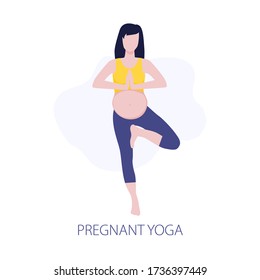 Vector illustration of pregmant girl or woman doing yoga class. Healthy fitness pregnant, sport in pregnancy. Home activity, healthy lifestyle. 