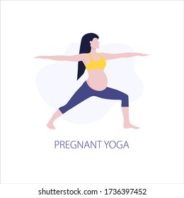 Vector illustration of pregmant girl or woman doing yoga class. Healthy fitness pregnant, sport in pregnancy. Home activity, healthy lifestyle. 
