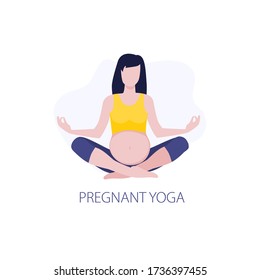Vector illustration of pregmant girl or woman doing yoga class. Healthy fitness pregnant, sport in pregnancy. Home activity, healthy lifestyle. 