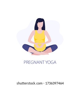 Vector illustration of pregmant girl or woman doing yoga class. Healthy fitness pregnant, sport in pregnancy. Home activity, healthy lifestyle. 