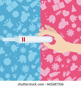 Vector illustration of pregnancy test in woman's hand. Background with baby icons.