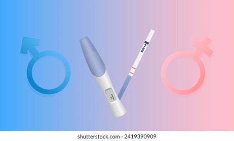 Vector illustration of pregnancy tests on the background of gender symbols. A gender party. The birth of a boy or a girl.