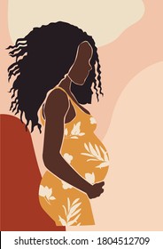 Vector illustration of pregnant african black skin woman with flowers on the background. Cute young pregnant woman print poster.