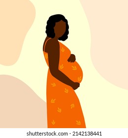 Vector Illustration Of Pregnant African Black Skin Woman. Silhouette Of A Pregnant Woman