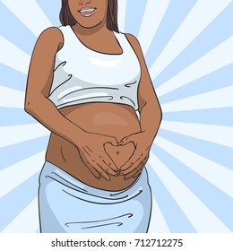 Vector illustration of pregnant afro woman making heart gesture over her belly, Pregnancy, love and people expectation concept, Colored hand drawn sketch isolated on background of blue rays