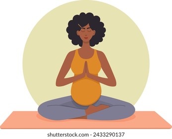 Vector illustration of a pregnant black woman doing yoga. Сoncept of physical practice in flat style .	 svg