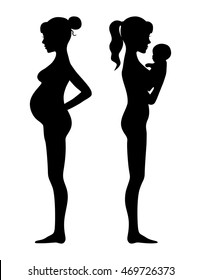 Vector illustration of pregnant female silhouettes. Changes in a woman's body in pregnancy. Pregnant woman and baby. Infographic elements