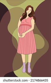 Vector illustration of pregnant girls with long hair standing posture, pregnant women with long hair skirt