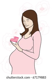 Vector illustration of pregnant lady holding baby's bootee