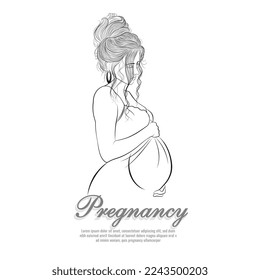 vector illustration of pregnant lady, Young woman vector drawing, Line art of a beautiful female