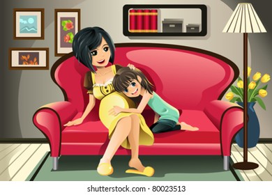 A vector illustration of a pregnant mother with her daughter in the living room