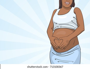 Vector illustration of pregnant smiling afro woman making heart gesture over her belly, Pregnancy, love and people expectation concept, Colored hand drawn sketch isolated on background of blue rays