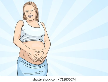 Vector illustration of pregnant smiling woman making heart gesture over her belly, Pregnancy, love and people expectation concept, Colored hand drawn sketch isolated on background of blue rays