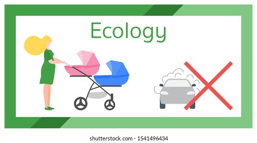 Vector illustration with pregnant woman, baby stroller and car, emits smog exhaust. Air Environmental pollution concept. Smoke pollutant, damage, contamination, combustion products Ecology Health