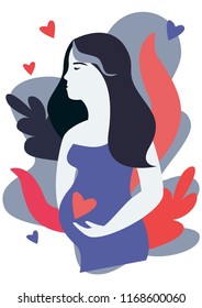 Vector illustration of pregnant woman in blue colors. Great for articles about health and pregnancy, greeting cards, prints and nurcery decor. Modern style illustration. Flat style illustration.