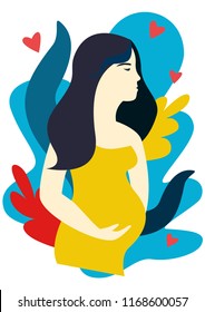 Vector illustration of pregnant woman in bright colors. Great for articles about health and pregnancy, greeting cards, prints and nurcery decor. Modern style illustration. Flat style illustration.