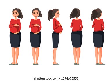 Vector illustration of pregnant woman in casual clothes under the white background.Cartoon realistic people illustration.Flat young woman.Front view girl,Side view girl,Back side view girl, Isometric 