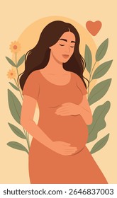 Vector illustration of pregnant woman with closed eyes in calm pose hugging belly on gentle nature background. Symbol of motherhood, women's health, expecting a child. For women's projects health