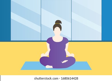 Vector illustration with pregnant woman doing yoga Girl in lilac tracksuit is meditating in the lotus position