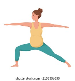 Vector illustration, pregnant woman doing yoga or gymnastics, virabhadrasana II pose