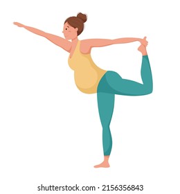 Vector illustration, pregnant woman doing yoga or gymnastics, dandayamana dhanurasana pose, isolated on white