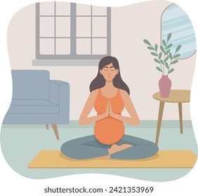Vector illustration of a pregnant woman doing yoga at home. Сoncept of physical practice in flat style 