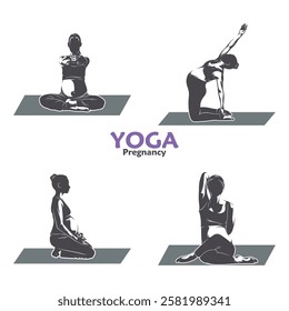 Vector illustration of a pregnant woman doing yoga pose with minimalist and modern design. This image is suitable for use in promotional materials for prenatal yoga classes, maternal health, and etc.