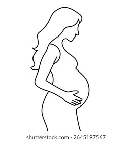 Vector illustration of a pregnant woman drawn in one continuous line. Minimalist black silhouette style, symbolizing motherhood, maternity care, and female body during pregnancy.