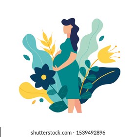 Vector illustration of a pregnant woman expecting a baby around the flowers.