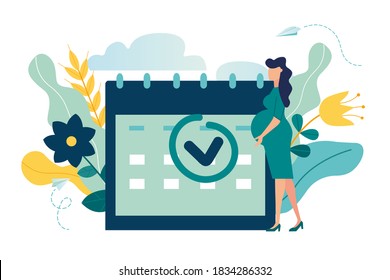 vector illustration, pregnant woman expecting childbirth looking at the calendar, full of prosperous family vector