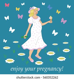 Vector illustration with pregnant woman flowers and butterfly