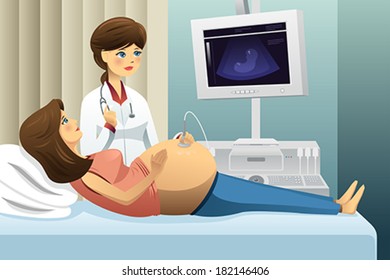 A vector illustration of pregnant woman getting an ultrasound at the doctor office