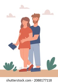 Vector illustration, pregnant woman with her husband holding her belly. Sweet couple expecting baby, pregnancy and baby planning concept. Nice illustration for posters, banners, advertisments