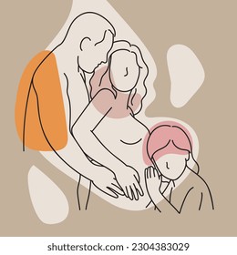 Vector illustration of a pregnant woman with her family, supportive husband and daughter. Hand drawn line art.