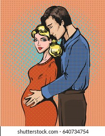 Vector illustration of pregnant woman and her husband. Loving happy couple in retro pop art comic style