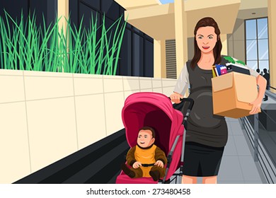 A vector illustration of a pregnant woman leaving her job to take care of her baby