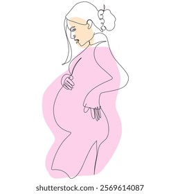 vector illustration of pregnant woman in line art style with pink ribbon and belly, hand drawing, isolated on white background, line art