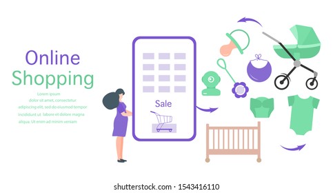 Vector illustration Pregnant woman makes purchases in online store Phone, stroller, crib, dummy, rattle, baby monitor, bib, diaper, bodysuit Newborn baby accessories Online shopping Technology concept