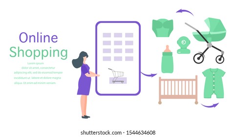 Vector illustration Pregnant woman makes purchases in online store. Phone, stroller, crib, bottle, baby monitor, diaper, bodysuit Newborn baby accessories Online shopping Technology and people concept