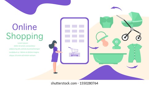 Vector illustration Pregnant woman makes purchases in online store. Phone, stroller, bath, dummy, baby monitor, diaper, bodysuit Newborn baby accessories Online shopping Technology and people concept